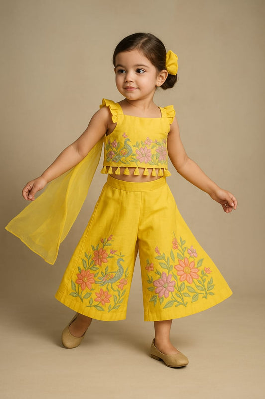 Pre Order: Yellow Embroidered Strappy Kurti And Flared Palazzo With Dupatta