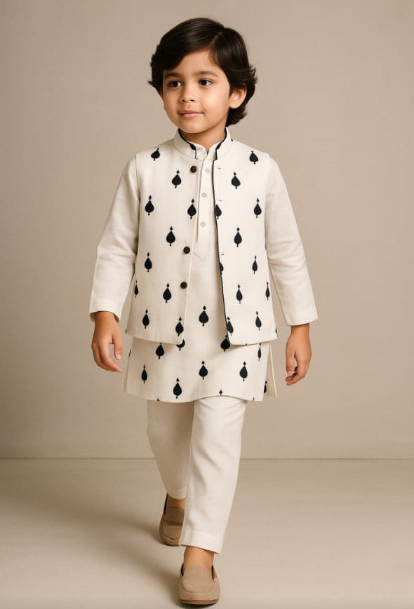 Priority Pre Order: Thread Detailed Off White Kurta With Open Jacket And Pyjama