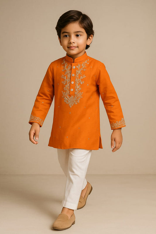 Pre Order: Orange Faux Mirror Work Kurta With Pyjama