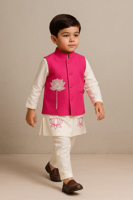 Pre Order: Lotus Embroidered Kurta With Pink Jacket And Churidar