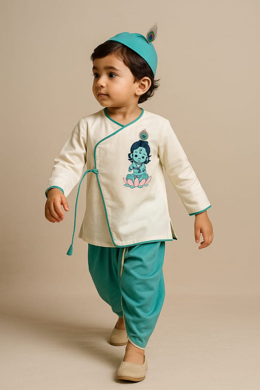 Pre Order: Krishna Embroidered Angrakha Style Kurta With Lace Work Green Dhoti