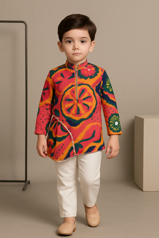 Pre Order: Pleated Stylish Hem Multicolour Kurta And Pyjama