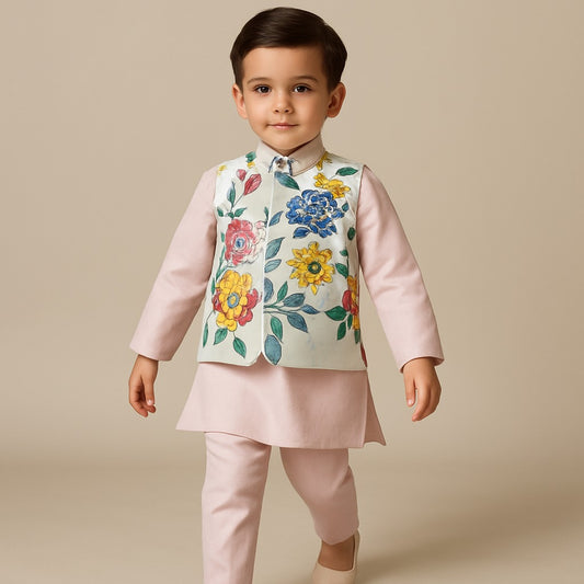 Pre Order: Pink Kurta With Floral Printed Jacket And Pyjama