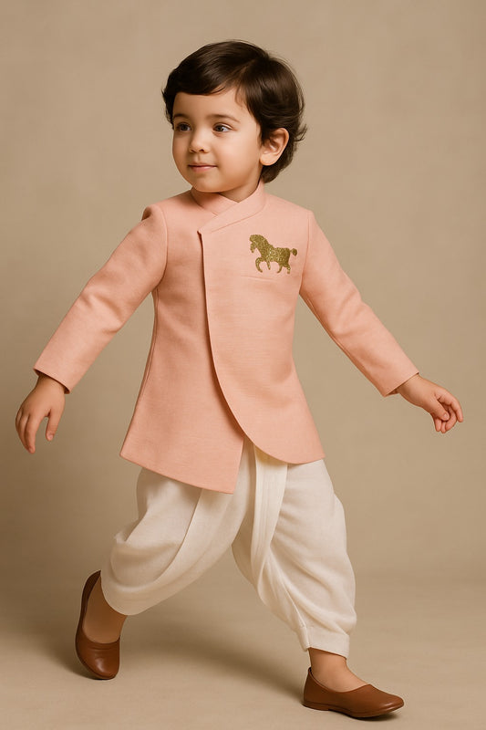 Pre Order: Horse Motif Jodhpuri Jacket And Dhoti