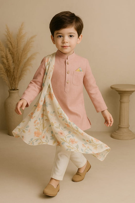 Pre Order: Peach Kurta With One Side Printed Panel And Pyjama