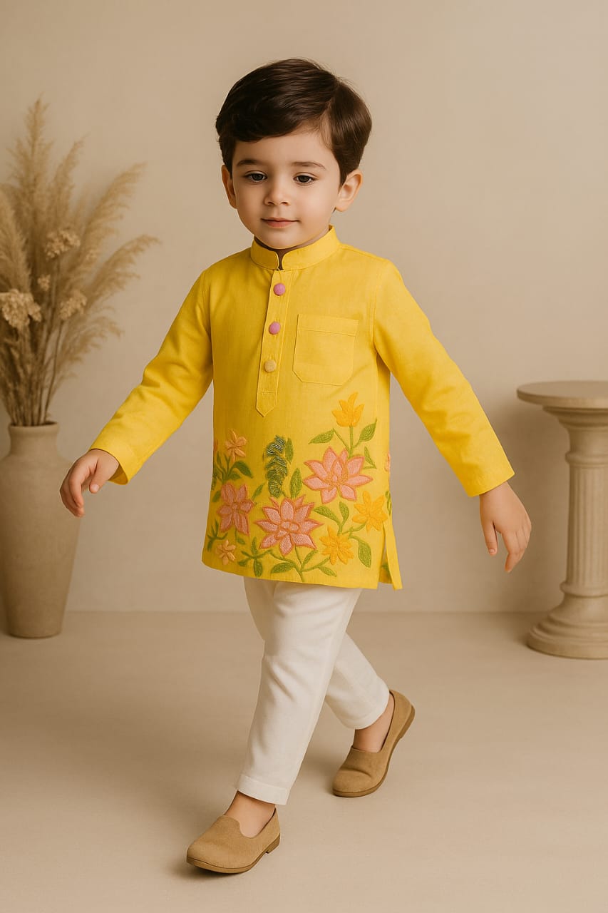 Pre Order: Yellow Embroidered Kurta And Pyjama