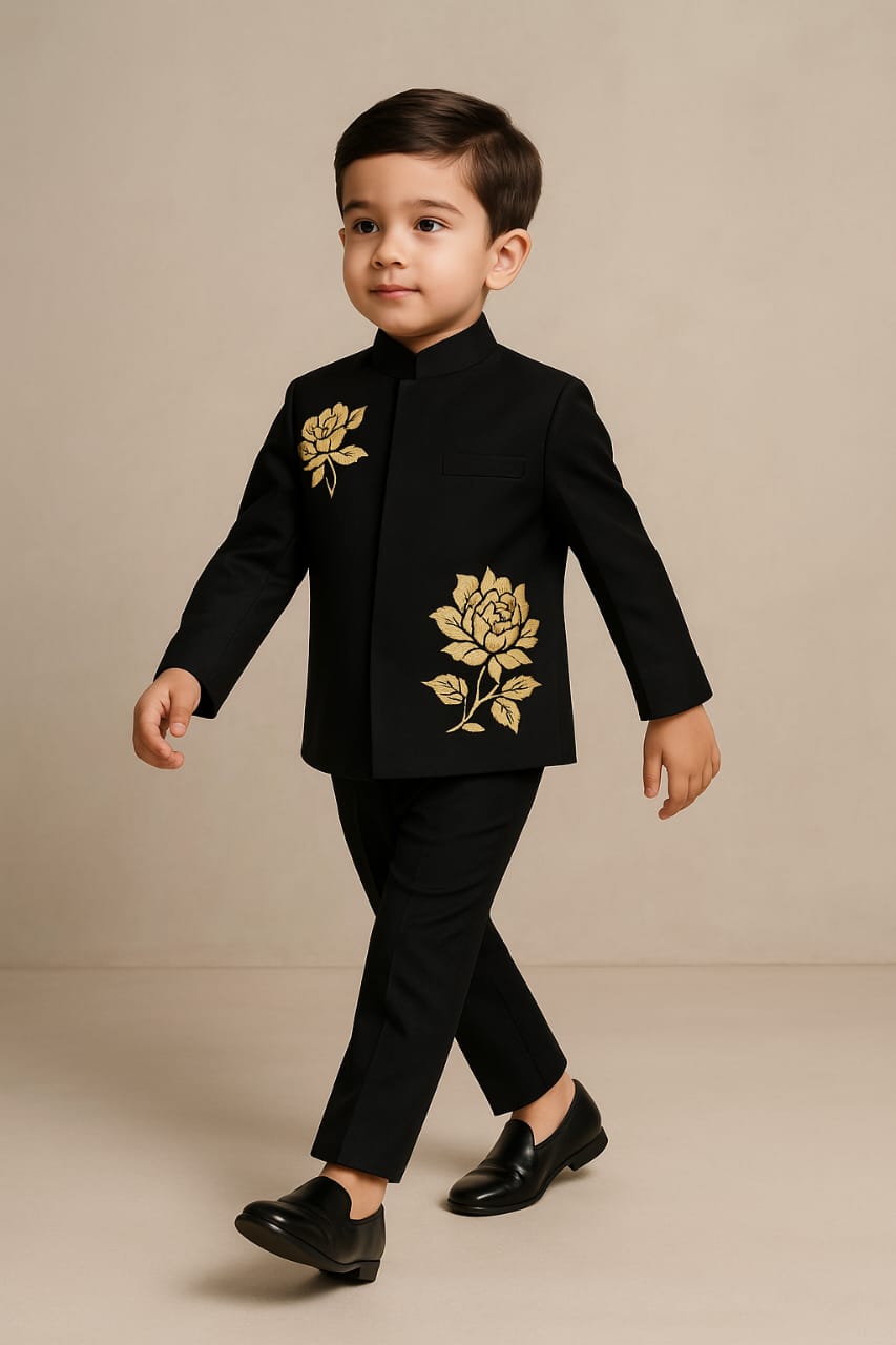Pre Order: Black Embroidered Applique Work Sherwani And Pant