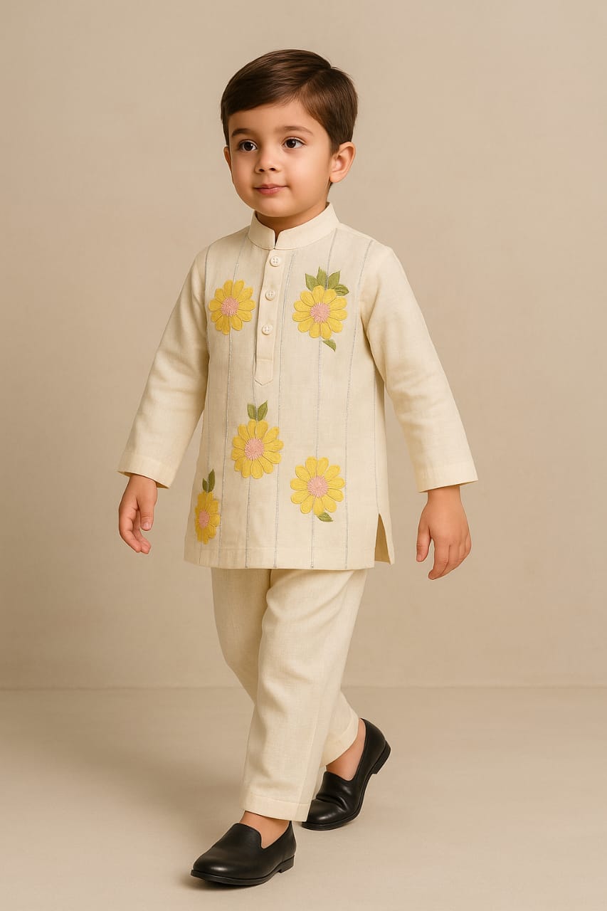 Pre Order: Off White Floral Printed Embroidered Kurta And Pyjama