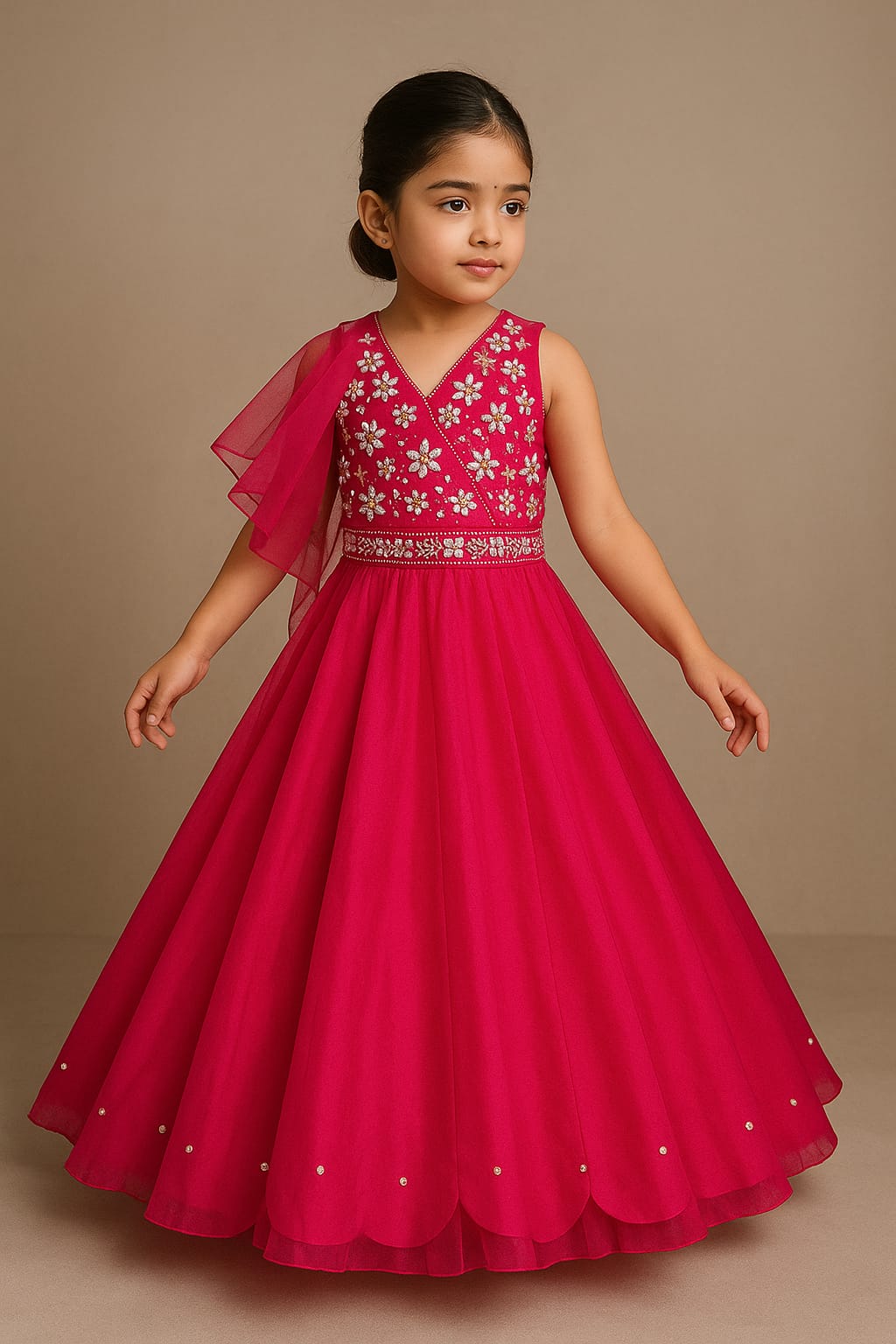 Pre Order: Halter Neck Pink Floral Embroidered Top And Scalloped Hem Lehenga With Flat Back Pearls Enhanced Ruffle Dupatta