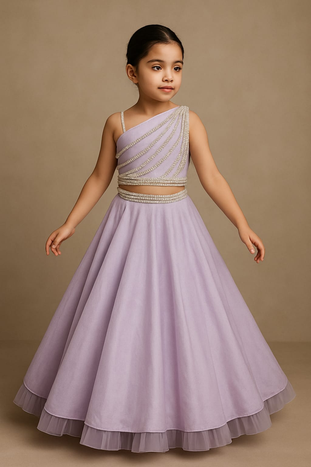 Pre Order: One Shoulder Lilac Drape Top And Scalloped Hem Lehenga