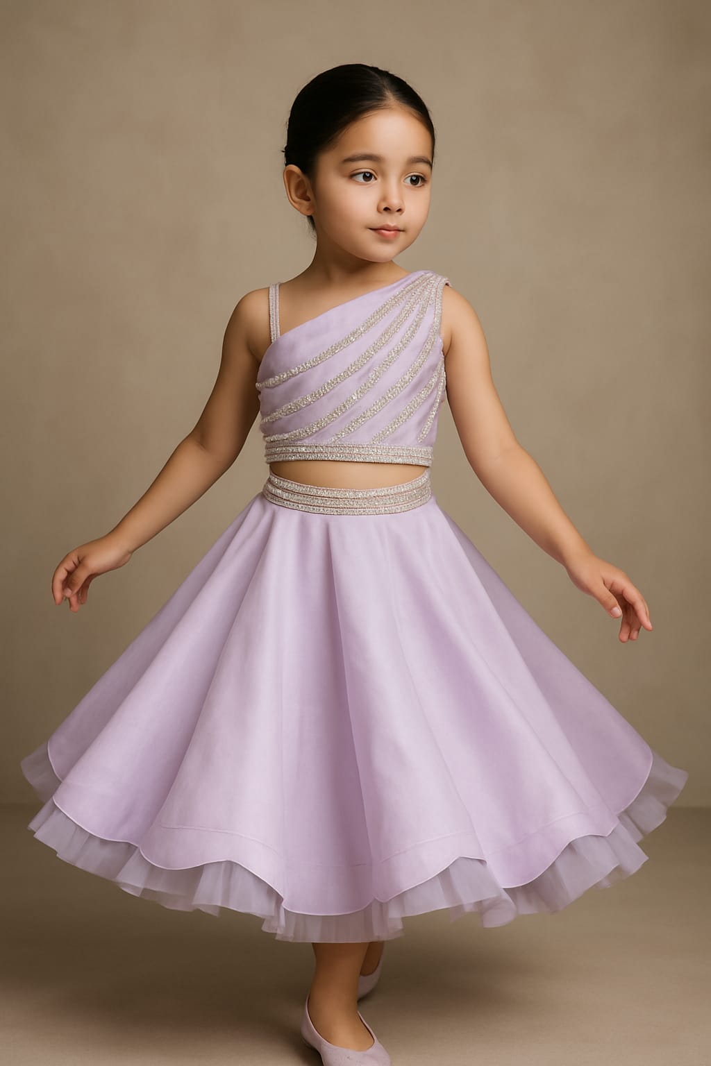 Pre Order: One Shoulder Lilac Drape Top And Scalloped Hem Skirt