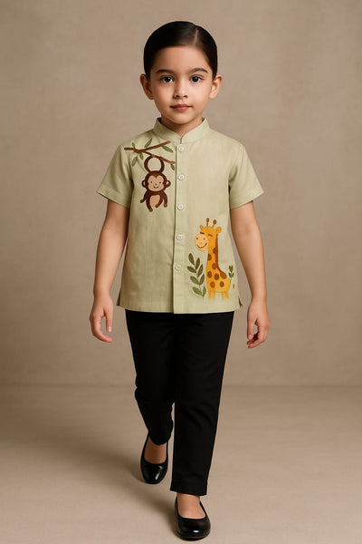 Pre Order: UNISEX Monkey And Giraffe Hand Painted Green Shirt