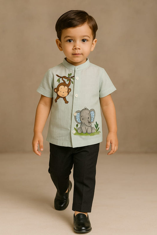 Pre Order: UNISEX Monkey And Elephant Hand Painted Blue Shirt