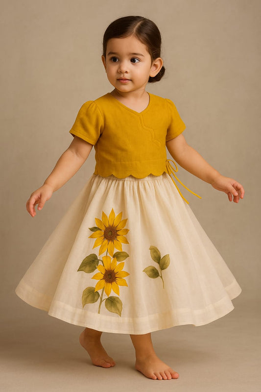 Pre Order: Yellow Sunflower Hand Painted Top With Skirt