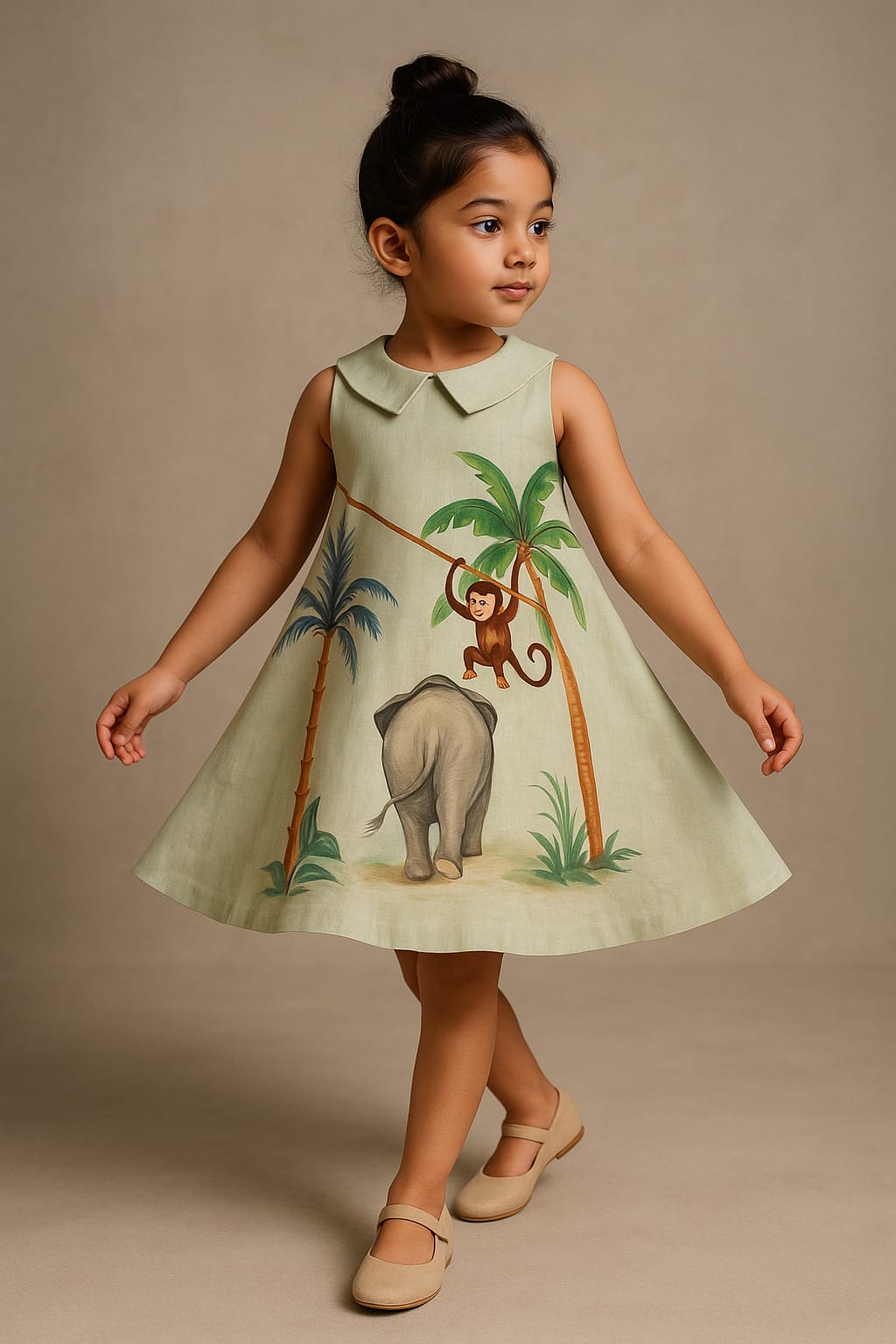 Pre Order: Elephant And Monkey Pista Green Hand Painted Dress