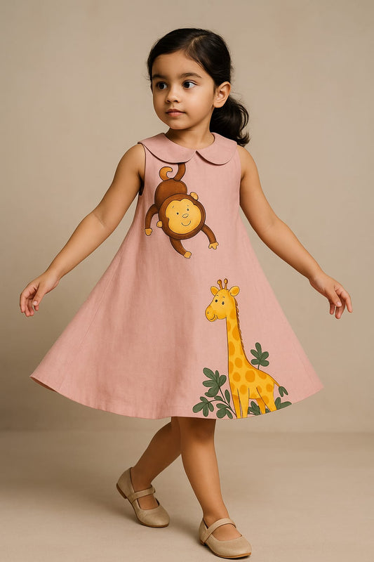 Pre Order: Monkey And Giraffe Pink Hand Painted Dress