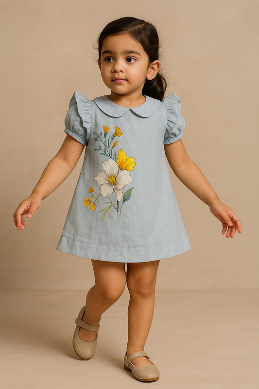 Pre Order: Pastel Blue Floral Hand Painted Dress