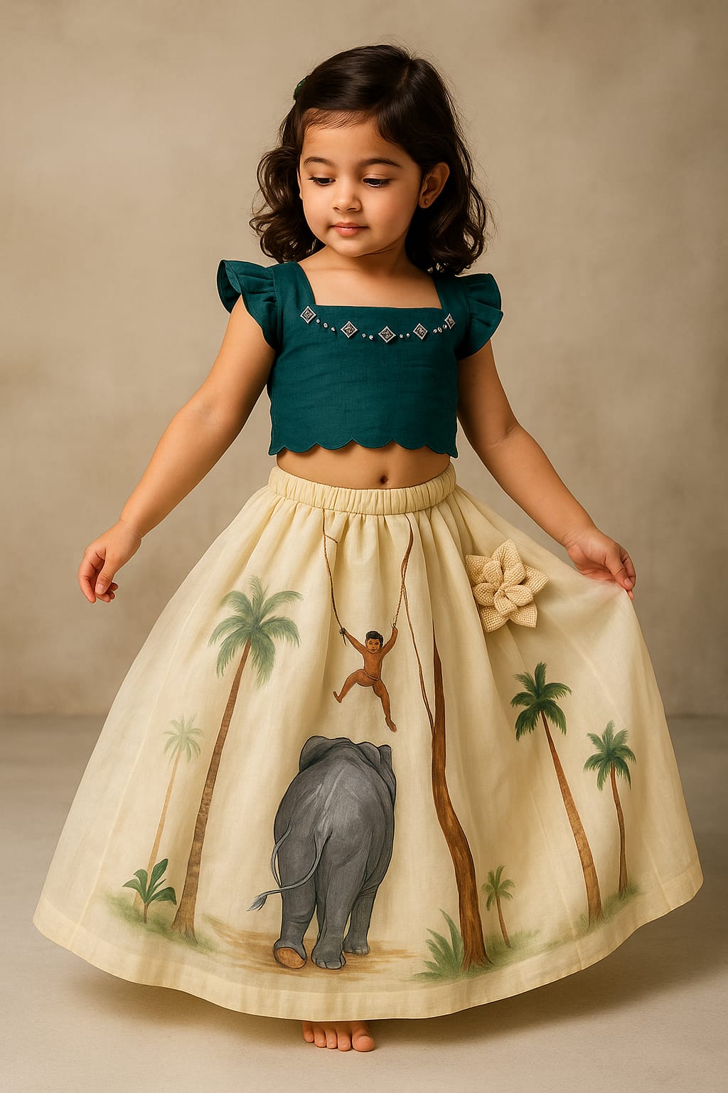 Pre Order: Jungle Off White lehenga And Teal Hand Painted Top