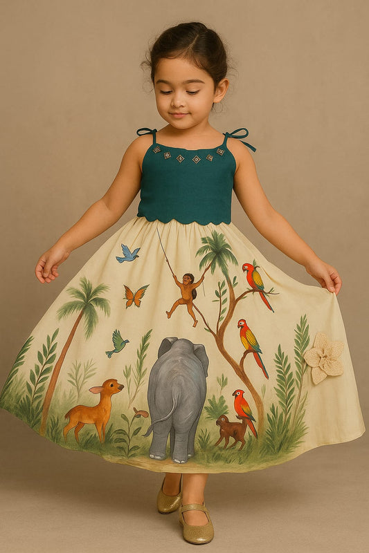 Pre Order: Jungle Off White And Teal Hand Painted Frock