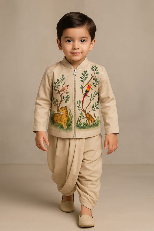 Pre Order: Birds Hand Painted Jacket And Dhoti
