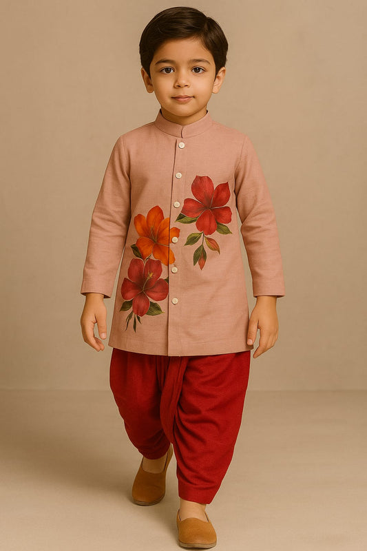 Pre Order: Floral Peach And Red Hand Painted Dhoti Kurta Set