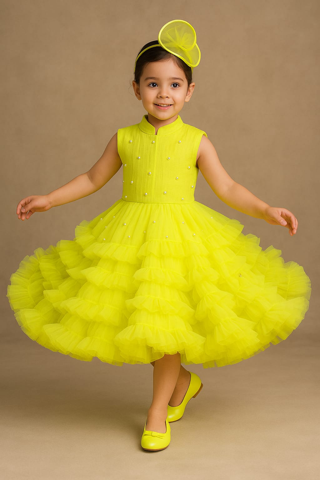 Pre Order: Eva Neon Yellow Net Pearl Embellished Dress