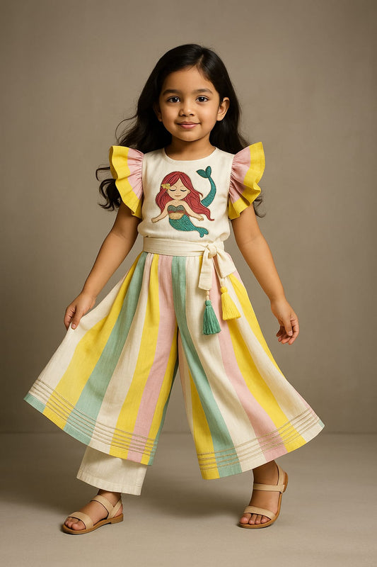 Pre Order: Mermaid Applique Embroidered Top And Colour Blocked Palazzo