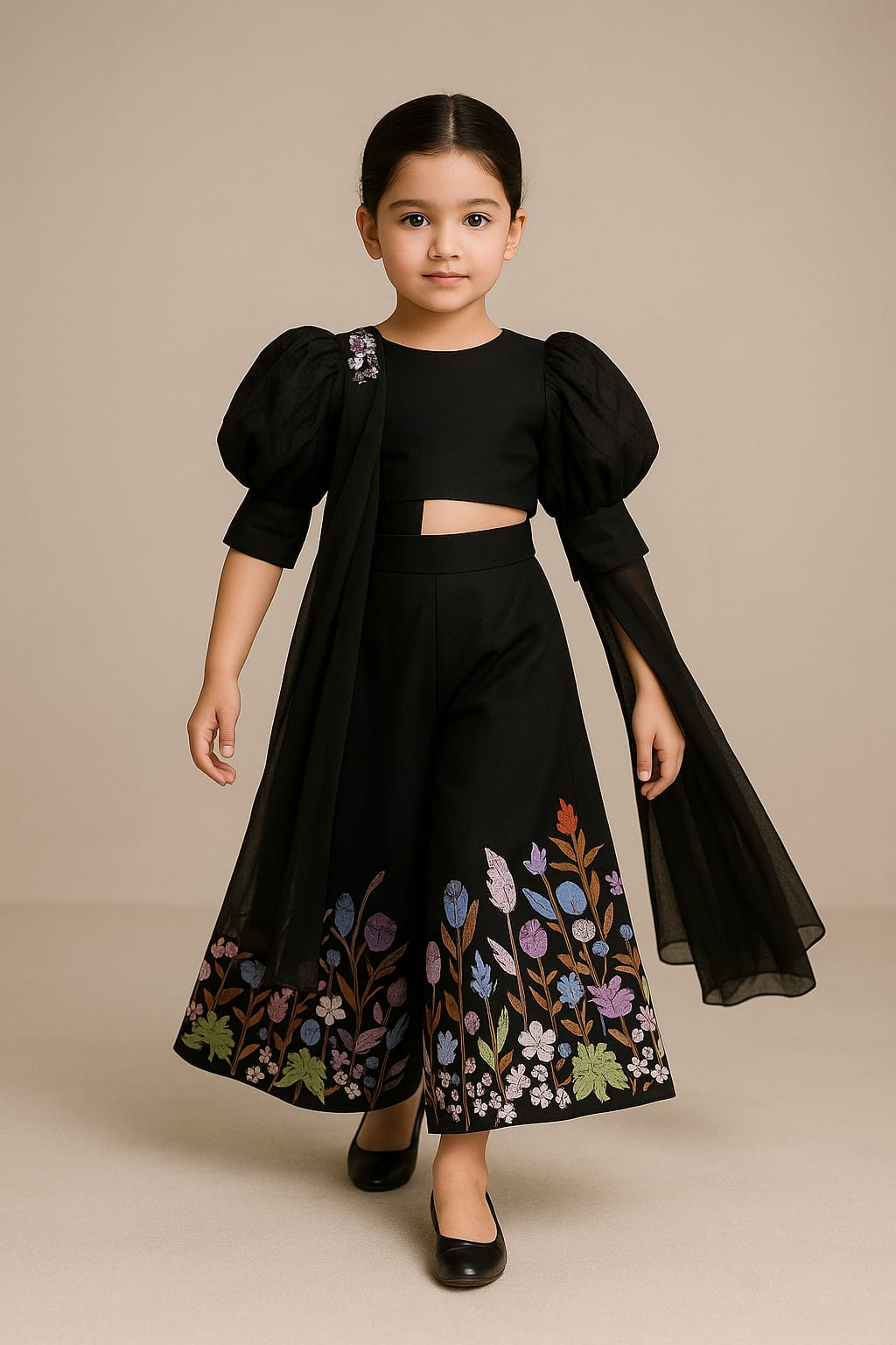Pre Order: Stylish Round Neck Black Top With Palazzo And Dupatta