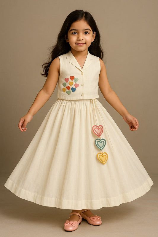 Pre Order: Tiny Hearts Embroidered Off White Top And Lehenga