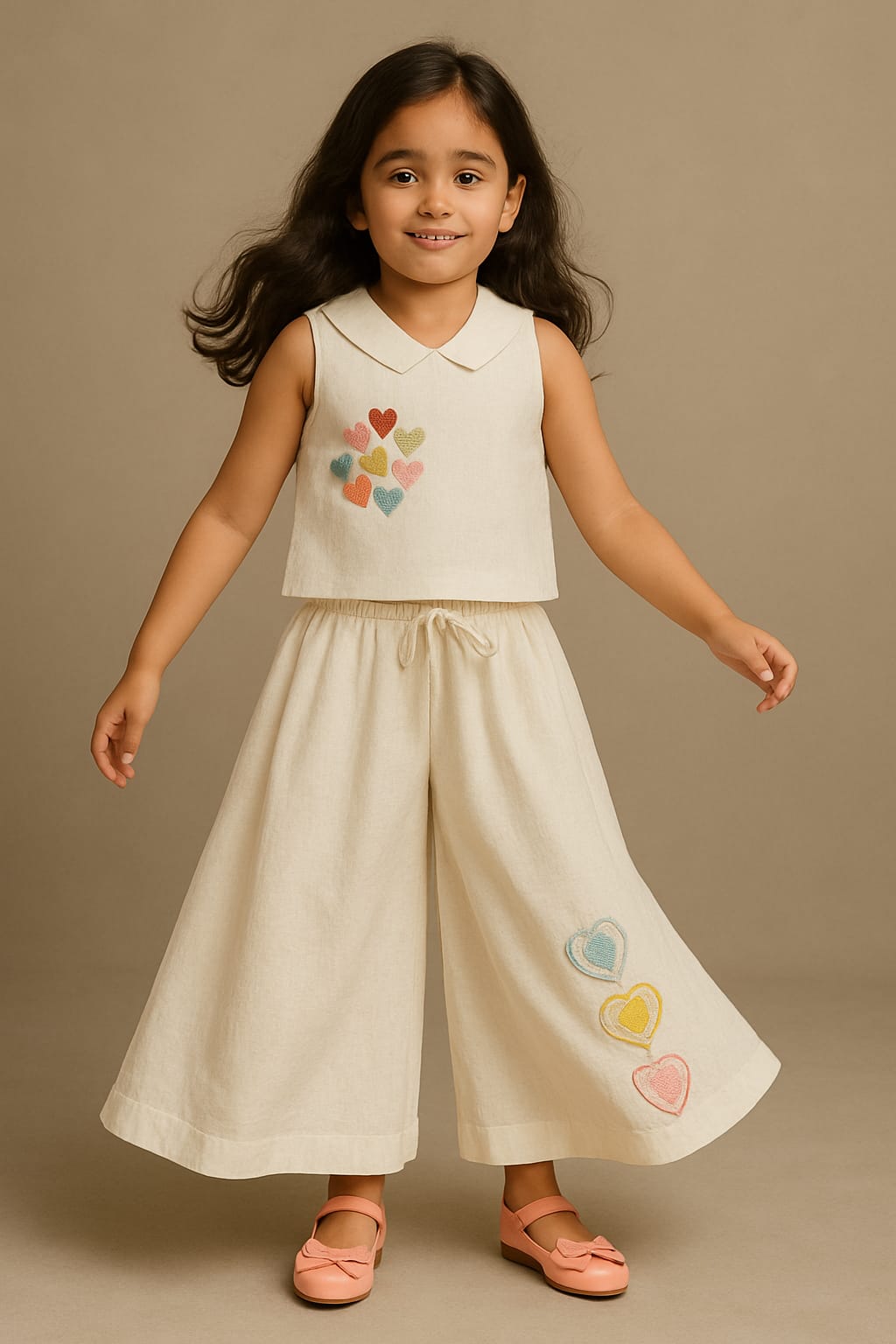 Pre Order: Tiny Hearts Embroidered Off White Top And Palazzo