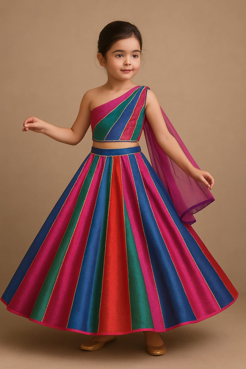 Pre Order: Multicoloured Colour Blocked Top With Lehenga And Dupatta