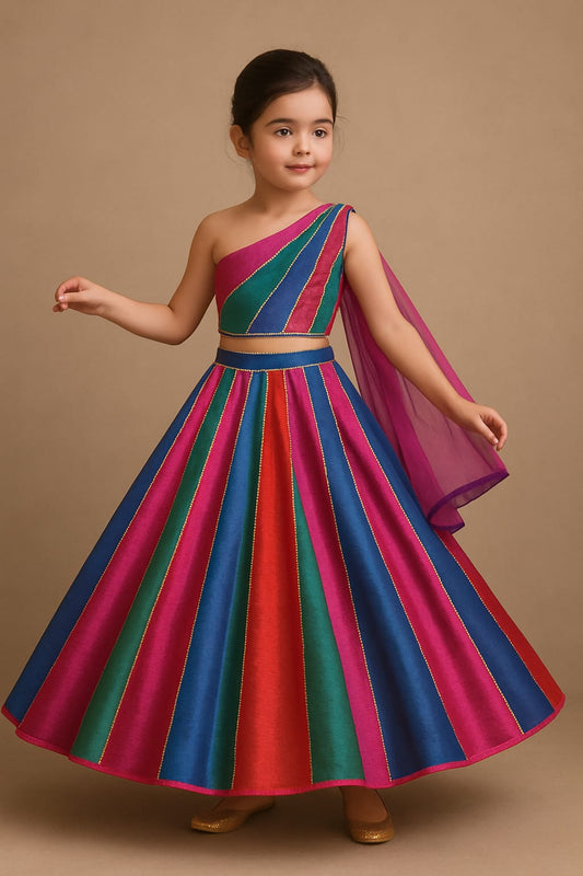 Pre Order: Multicoloured Colour Blocked Top With Lehenga And Dupatta