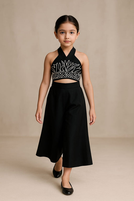 Pre Order: Black Halter Neck Top With Back Bow Detail And Flared Palazzo