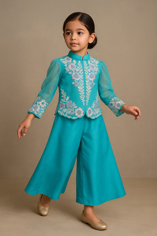 Pre Order: Front Open Embroidered Rama Top And Palazzo