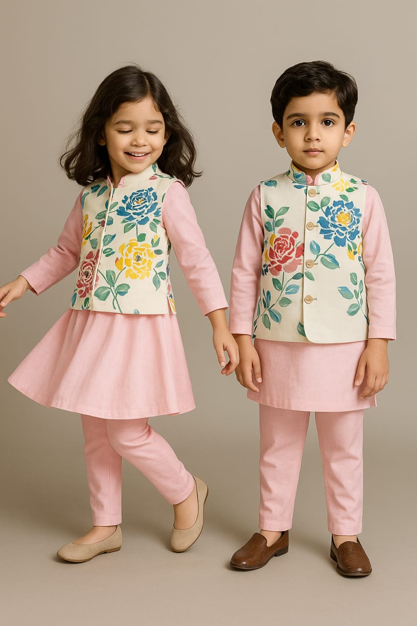 (Girl)Pre Order:  Pink And White Kurta Set With Jacket