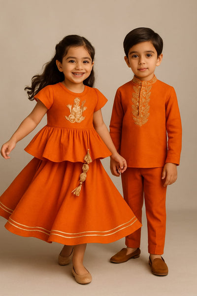 RTD (Boy) Pre Order:Orange And Gold Embroidered Kurta Set