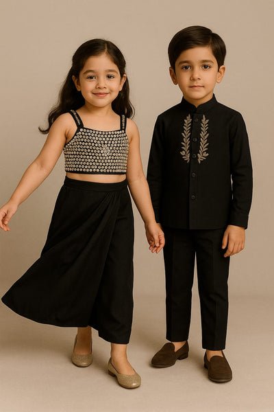 RTD (Boy) Pre Order:Black And Gold Embroidered Shirt And Pant Set