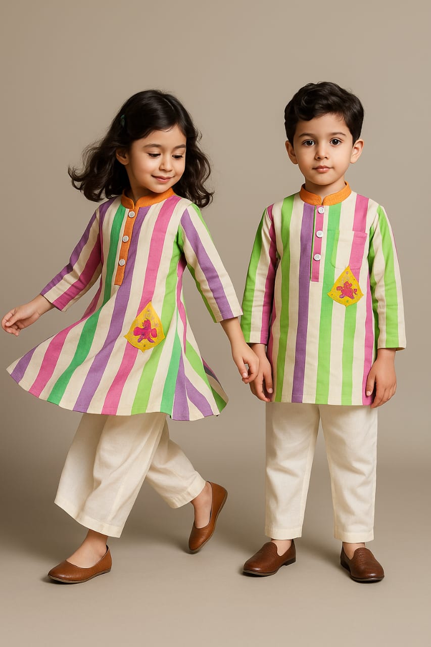 (Girl)Pre Order: Multicolored Striped Kurti Pant Set