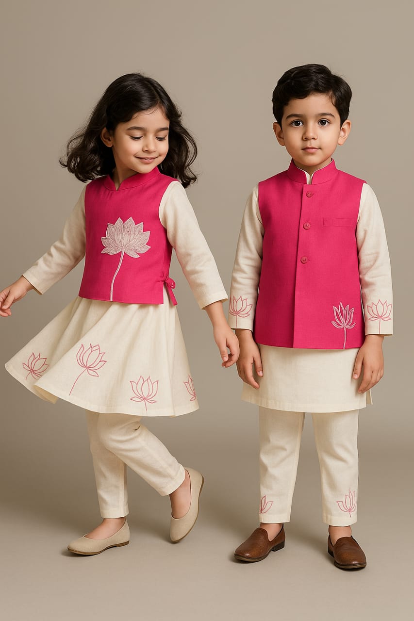(Boy) Pre Order: Lotus Embroidered Kurta With Pink Jacket And Churidar