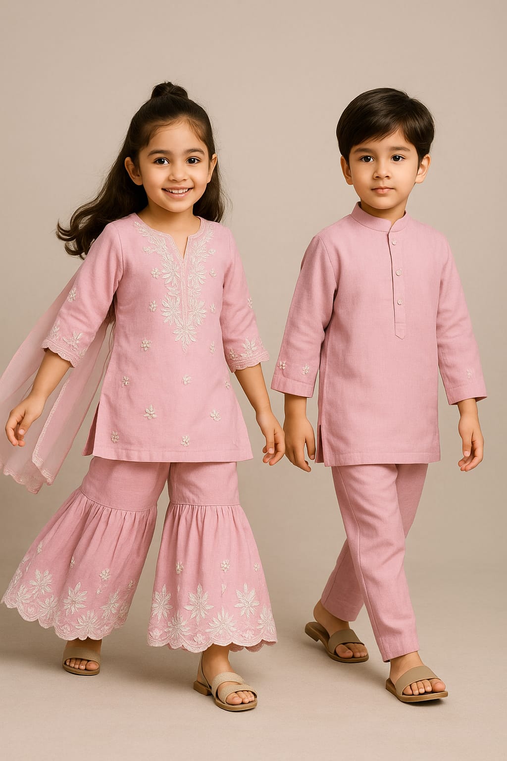 (Girl) Pre Order: Pink Front Placket Kurti And Pleated Sharara With Net Dupatta