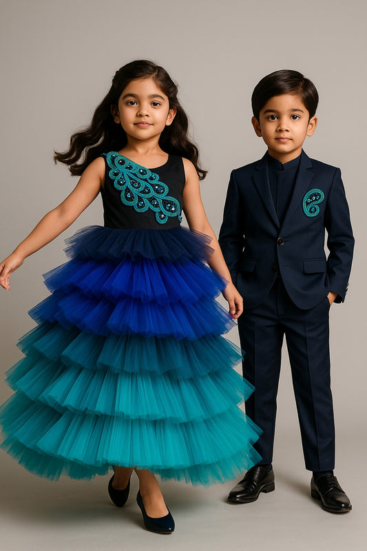 (Girl) Pre Order: Blue Peacock Shaded Net Gown