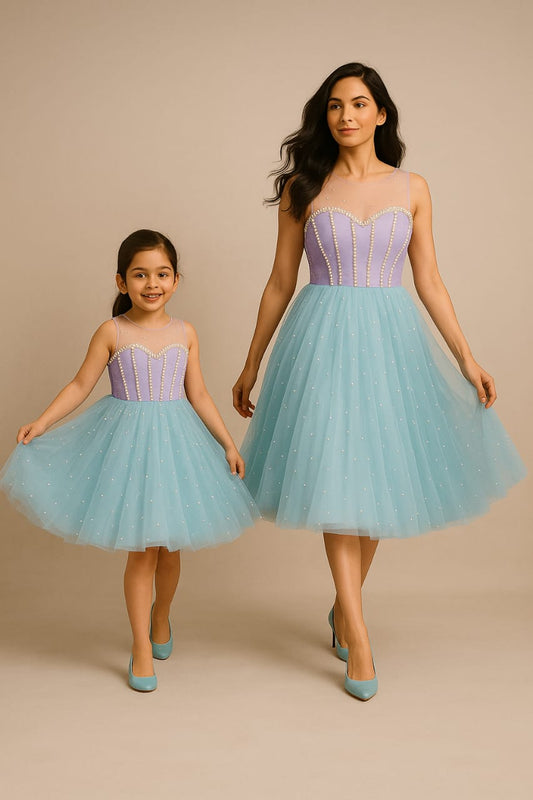 Priority Pre Order: Blue And Lavender Pearl Embellished Net Dress