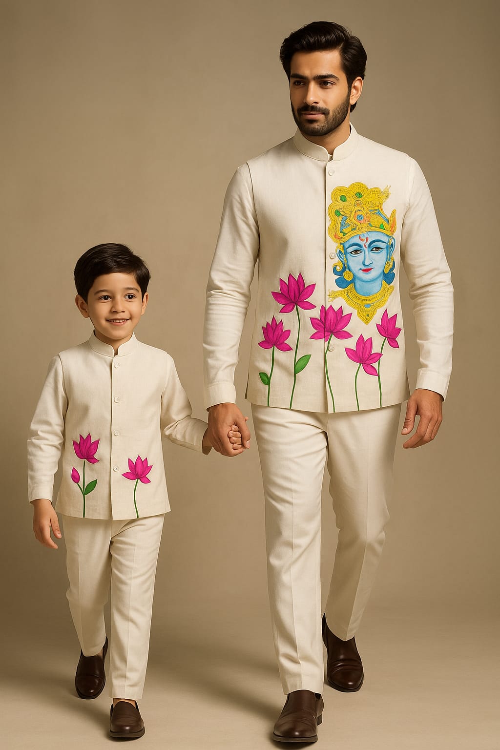 Pre Order: Off White Hand Painted Krishna 3 Peice Set