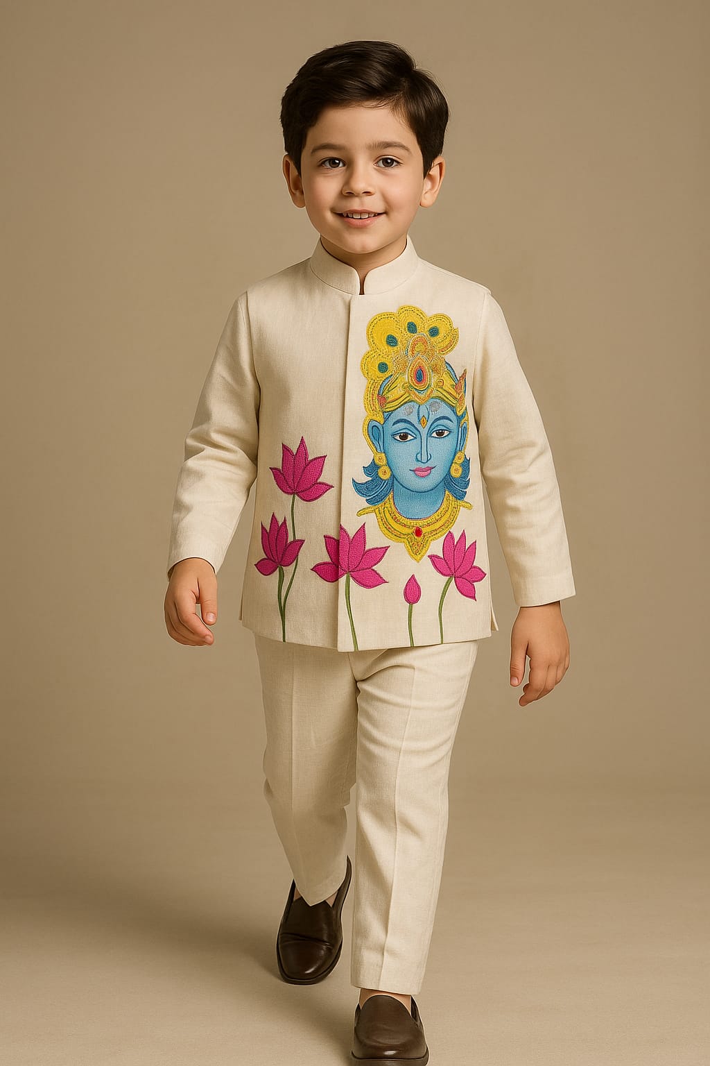 Pre Order: Off White Hand Painted Krishna 3 Peice Set