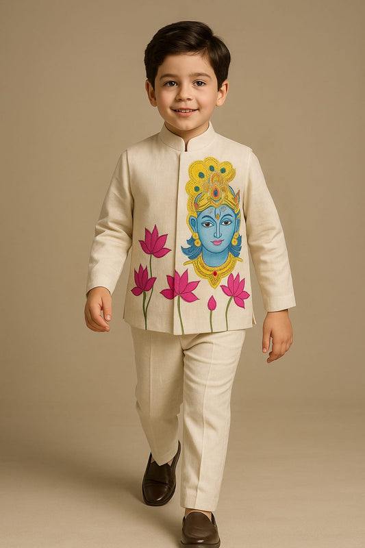 Pre Order: Off White Hand Painted Krishna 3 Peice Set