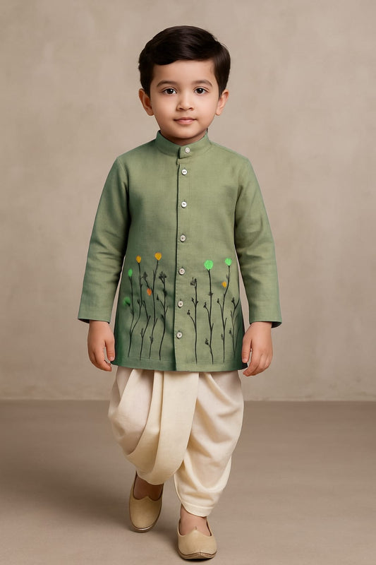 Pre Order: Olive Green Garden Hand Painted Kurta And Dhoti