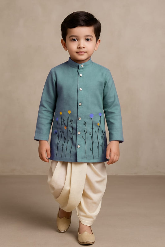 Pre Order: Teal Blue Garden Hand Painted Kurta And Dhoti