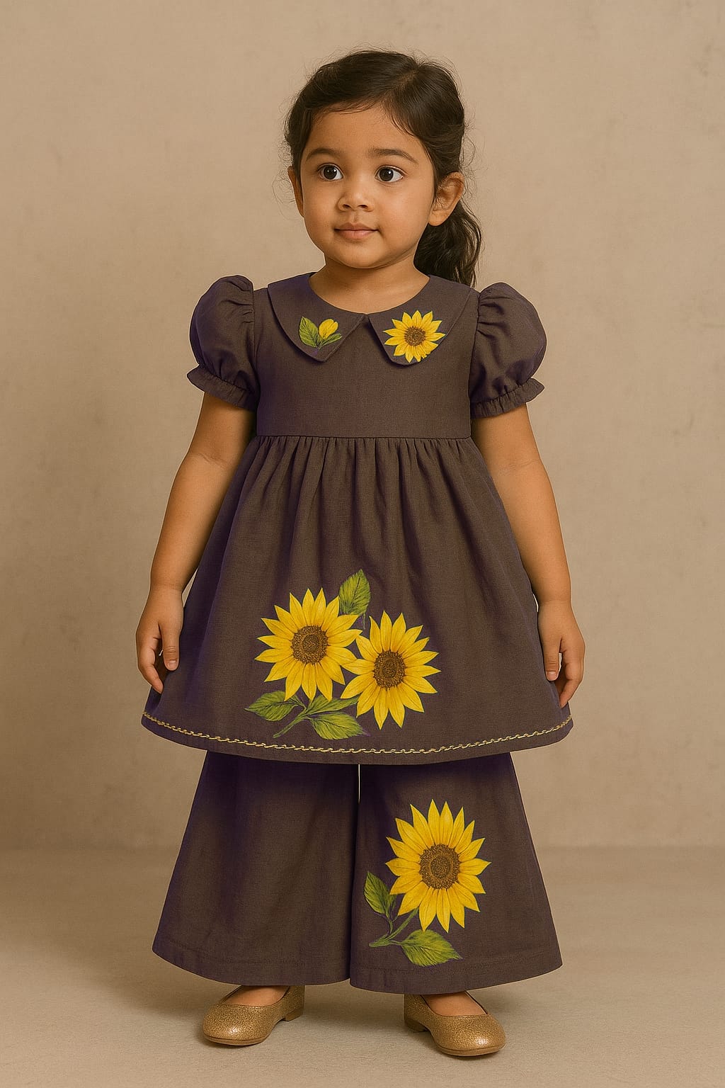 Pre Order: Yellow Sunflower Brown Hand Painted Top With Palazzo