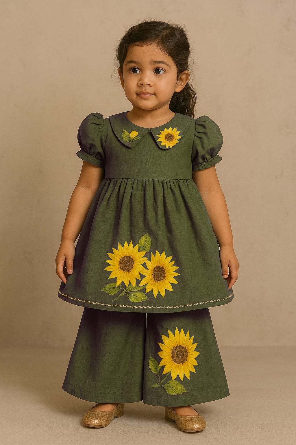 Pre Order: Yellow Sunflower  Mehendi Green Hand Painted Top With Palazzo