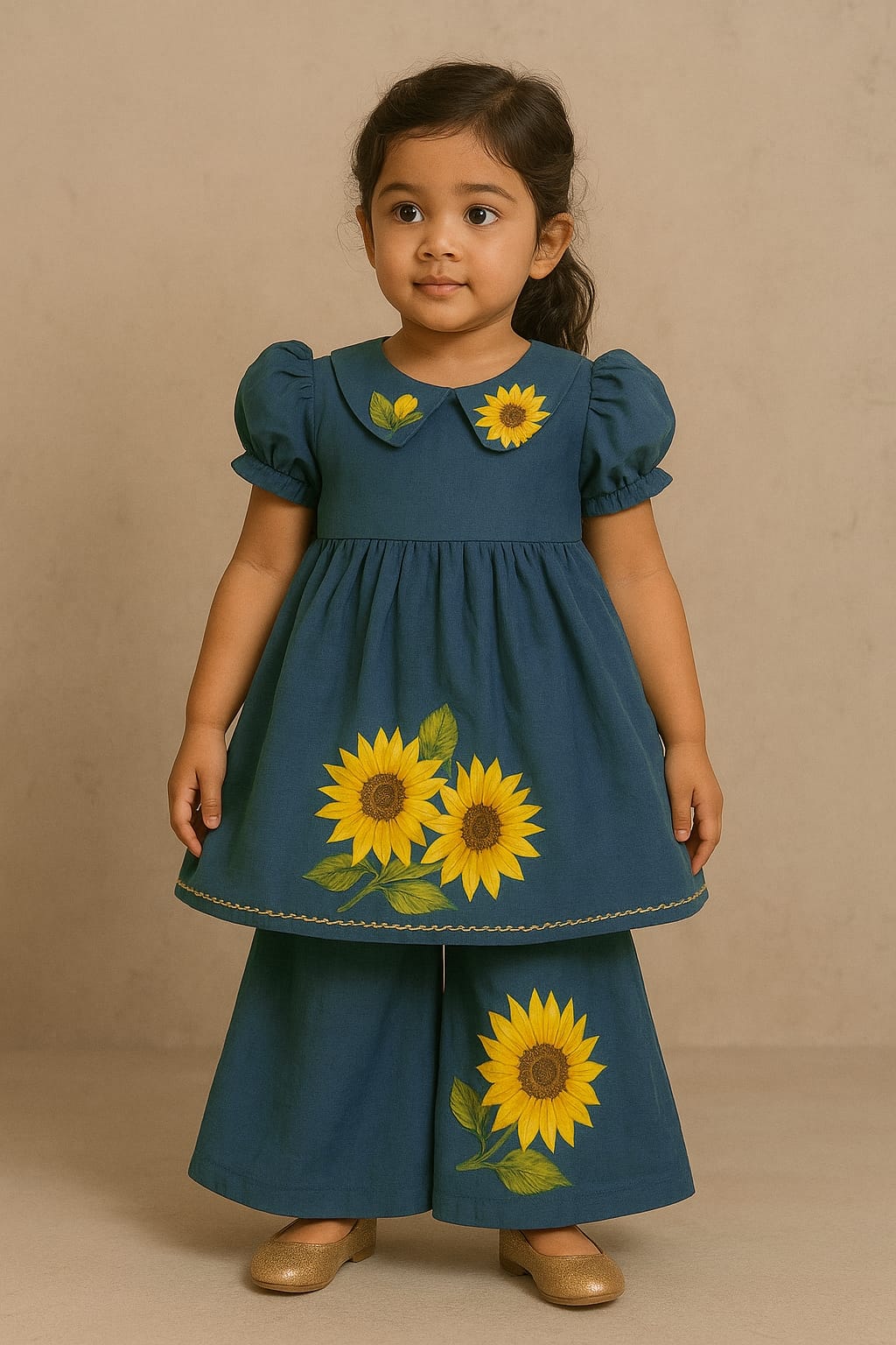 Pre Order: Yellow Sunflower Blue Hand Painted Top With Palazzo